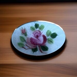 Vintage OPRO Norway Sterling Silver Enamel Pink & Green Floral Brooch Pin